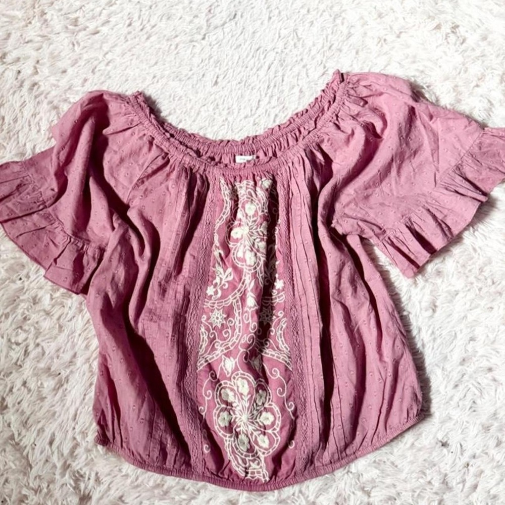 Embroidered Peasant Prairie Off Shoulder Milkmaid Cottage Core Top Womens M Boho